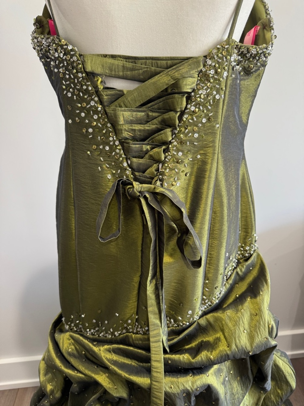 Y2K Olive Green Ball Gown Silver Gem Formal Dress Maggie Sottero - Picture 7 of 10